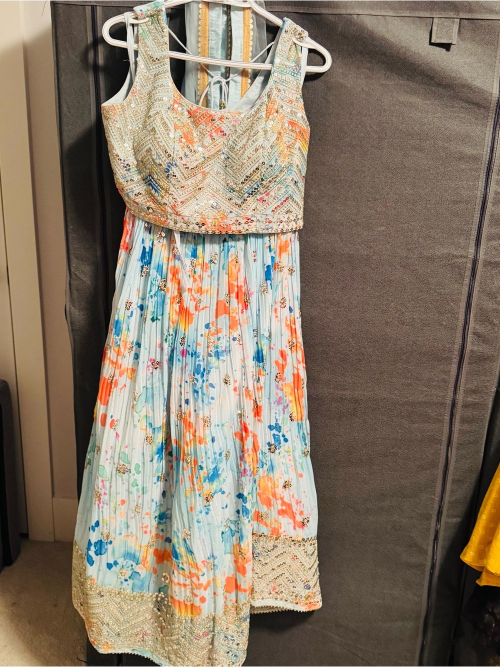 Beaded Bodice Floral Pleated Maxi Dress - Light Blue & Coral